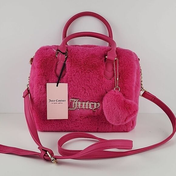 Juicy couture free love fluffy satchel furry faux fur hot pink heart nwt new